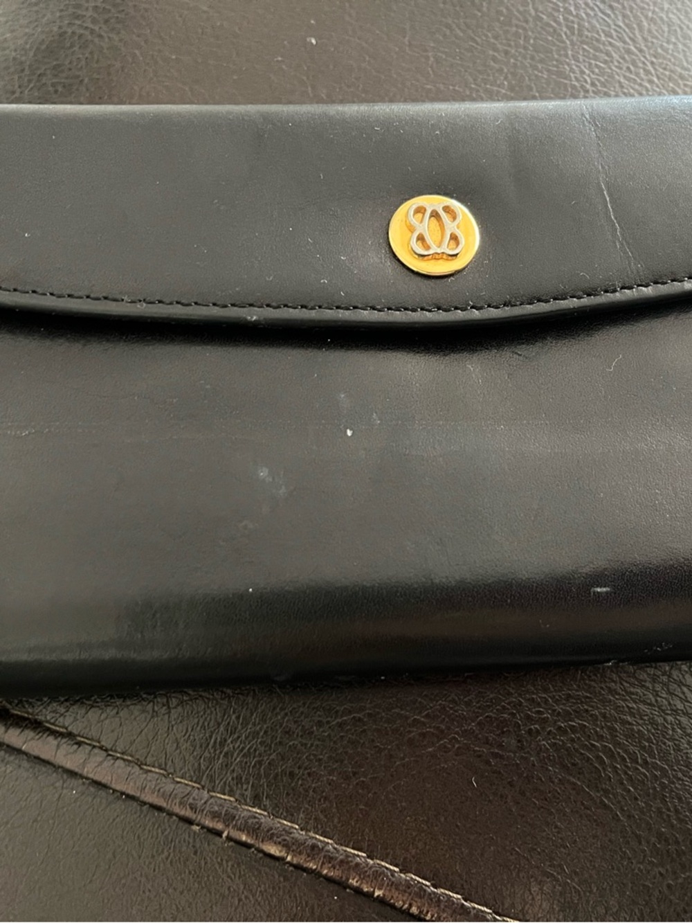 Black Leather Wallet Clutch with Gold Accent